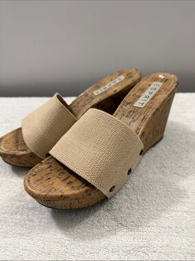 Esprit Natural Canvas Cork Wedge Slides Mule Platform size 7.5 Like New Tan